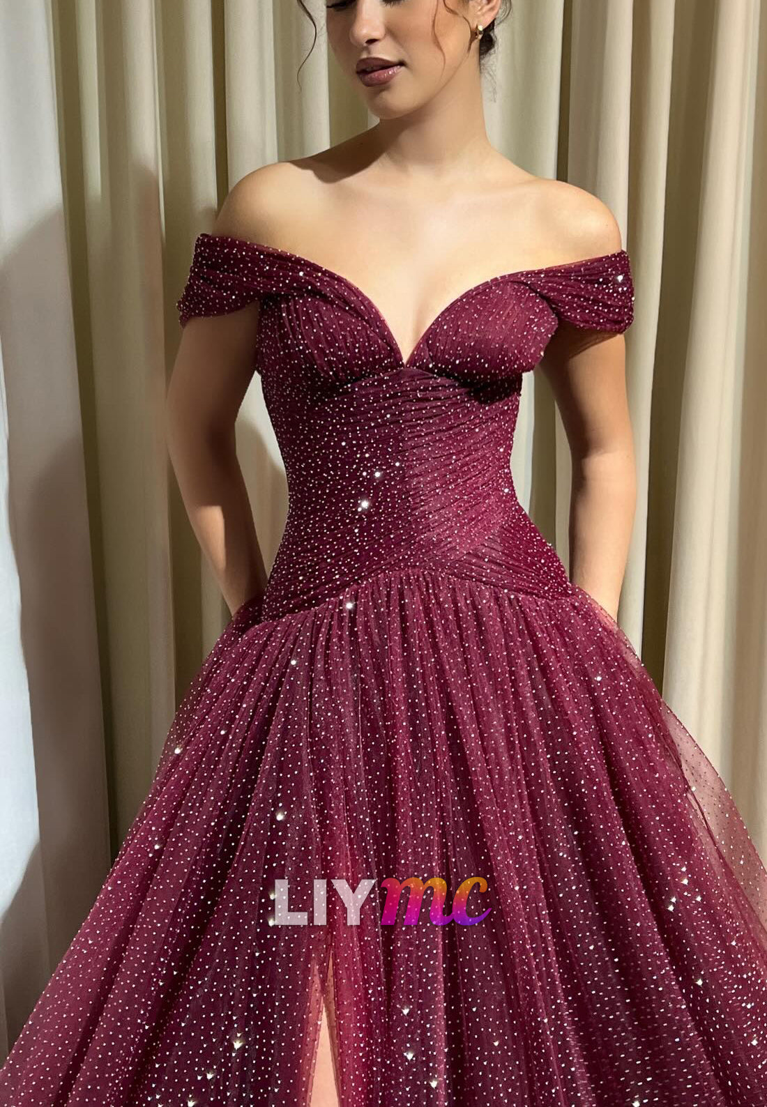 Off-Shoulder Evening Dress Pleated Tulle A-Line Prom Dress