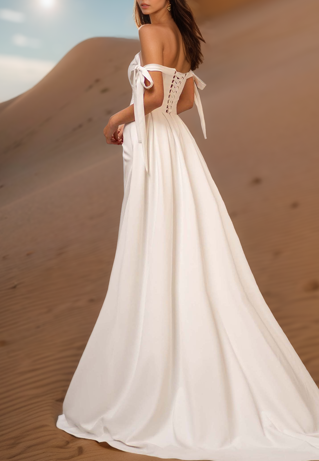 Off-Shoulder Pleatedd Side Slit Beach Wedding Dress