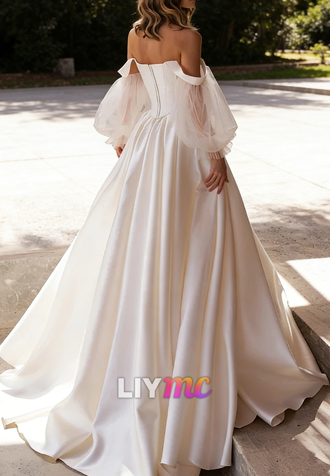Off-Shoulder Puff Long Sleeves Corset A-Line Wedding Dress