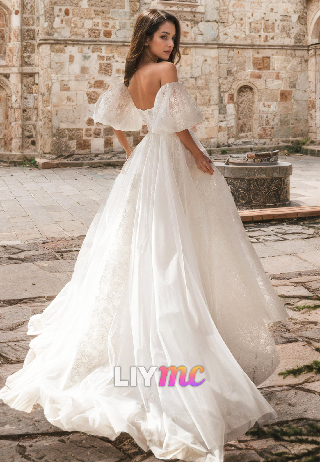 Off-Shoulder Puff Sleeves Appliques A-Line Ball Gown Wedding Dress
