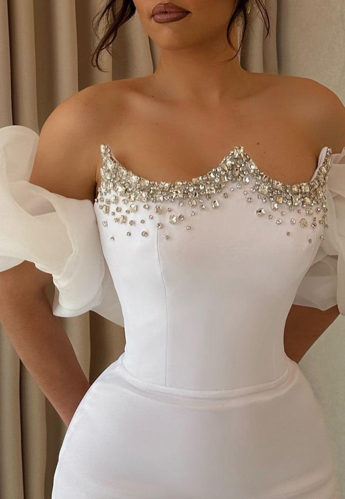 Off-Shoulder Puff Sleeves Beaded Sheath Wedding Dress