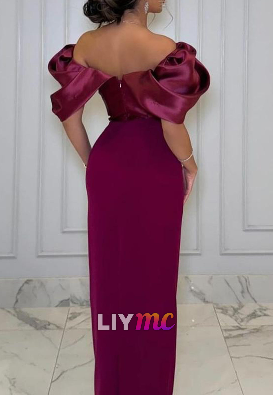 Off-Shoulder Puff Sleeves Sleek Sheath Evening Dress