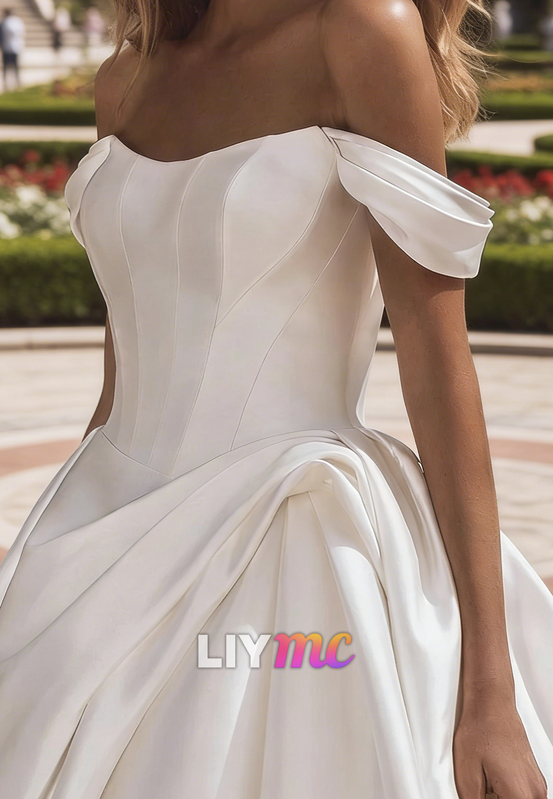 Off-Shoulder Ruched Satin A-Line Wedding Dress