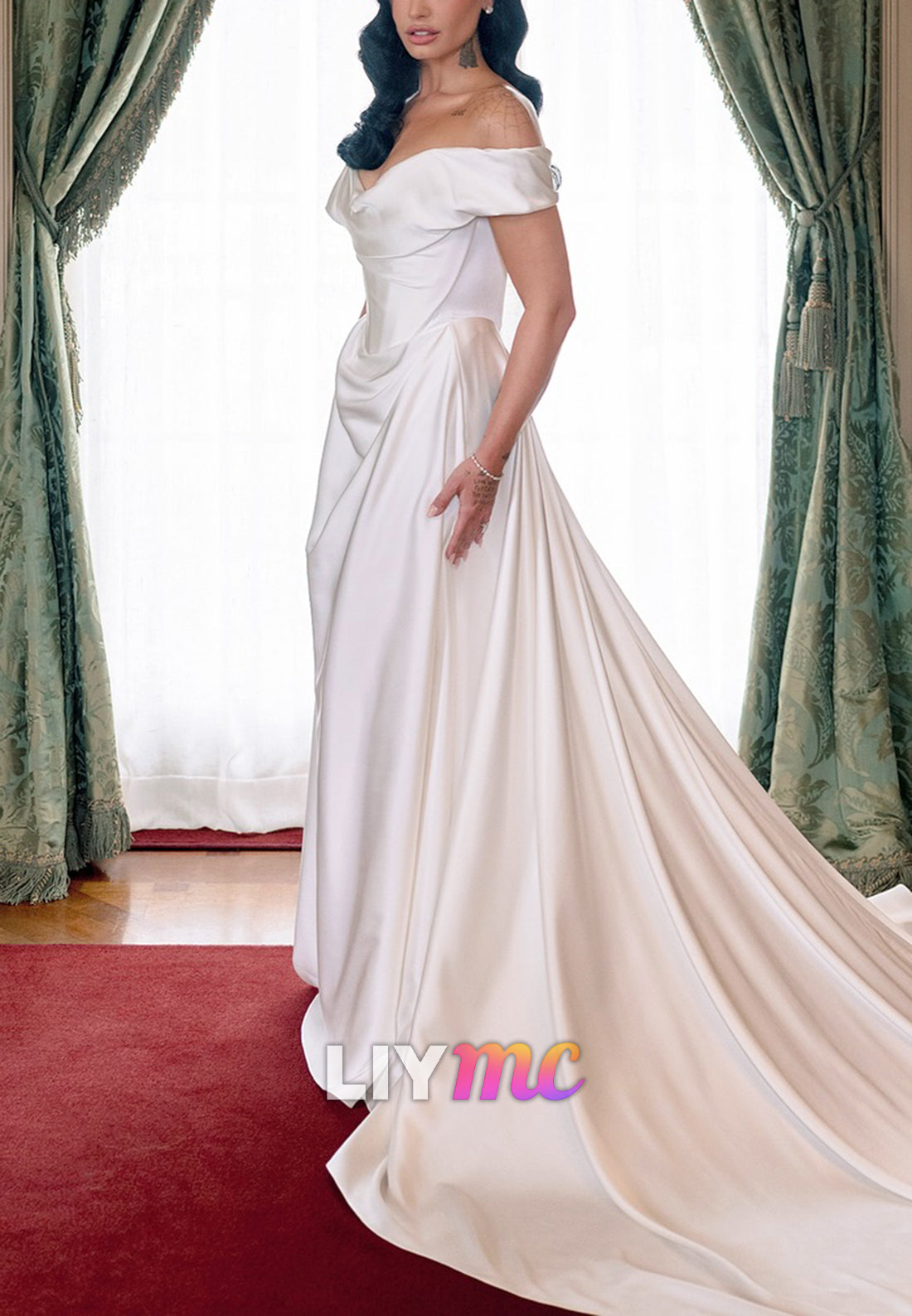 Off-Shoulder Ruched Sleek Sheath Wedding Dress