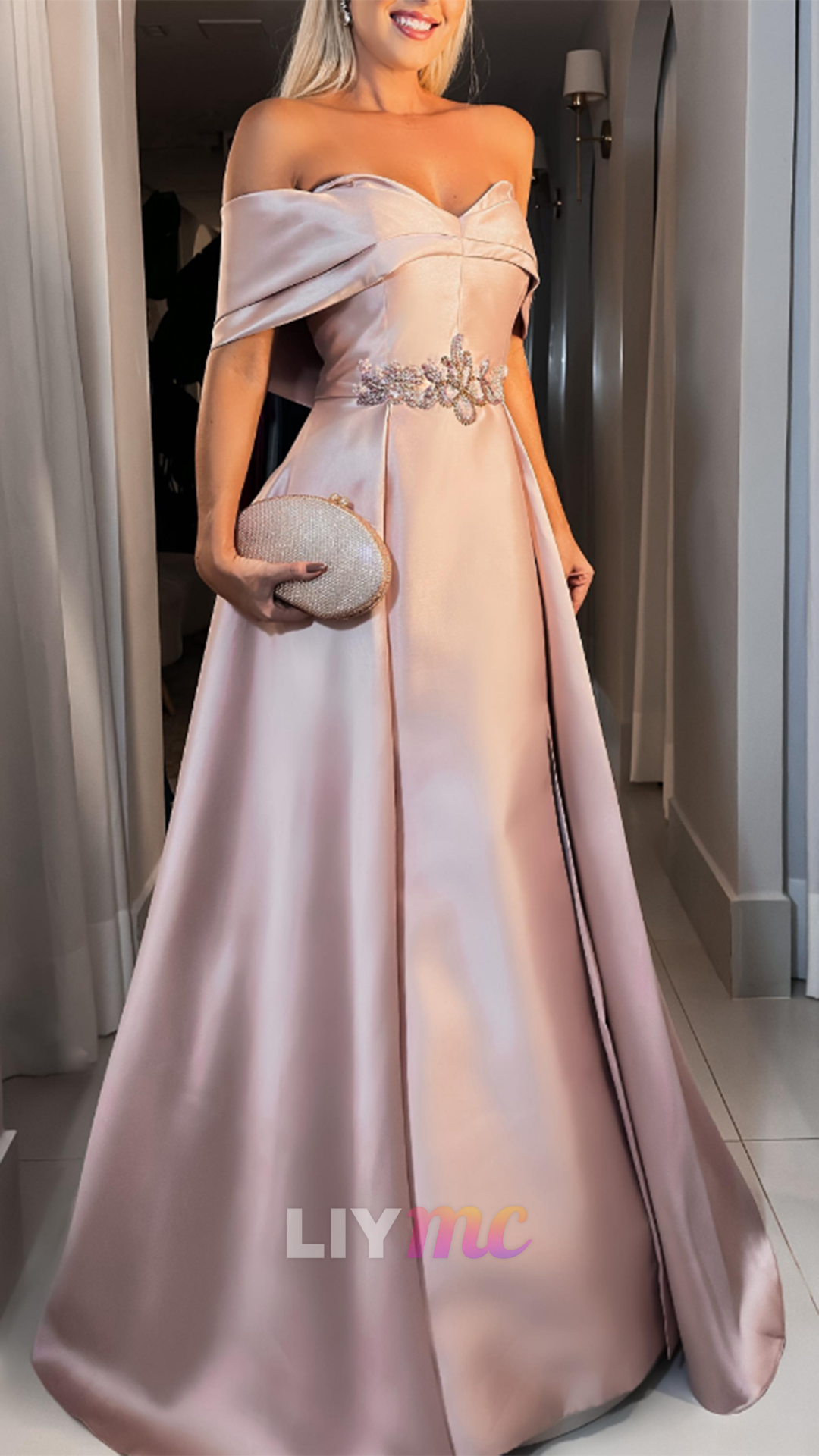 Off-Shoulder Satin A-Line Mother of Bride Dress