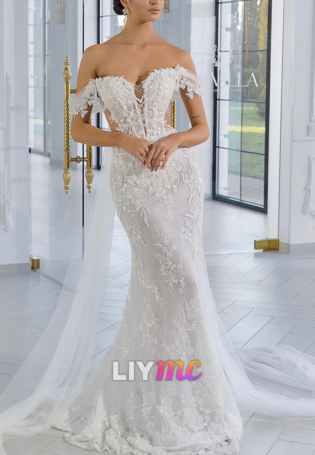 Off-Shoulder Sequins Appliques Mermaid Wedding Dress
