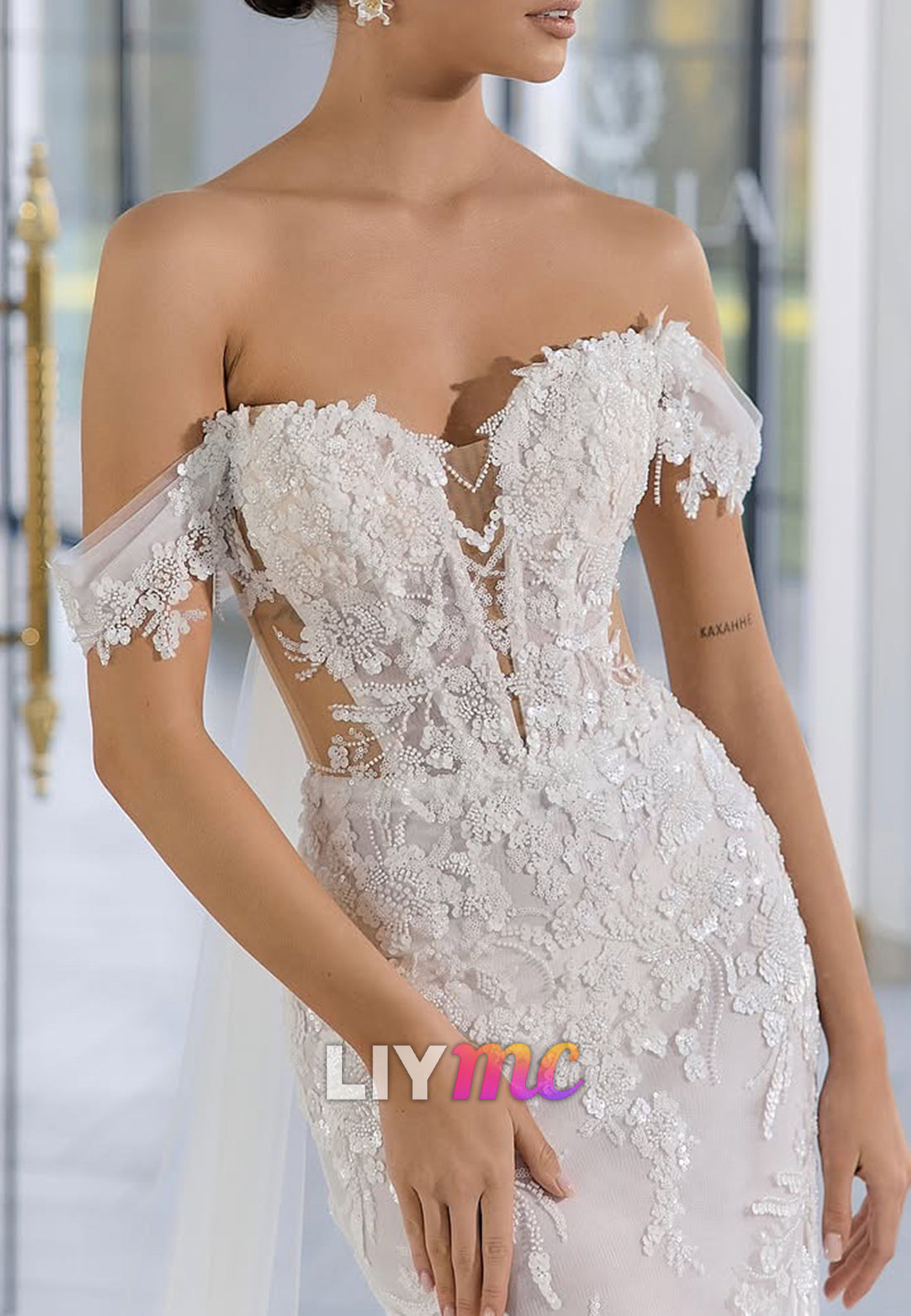 Off-Shoulder Sequins Appliques Mermaid Wedding Dress