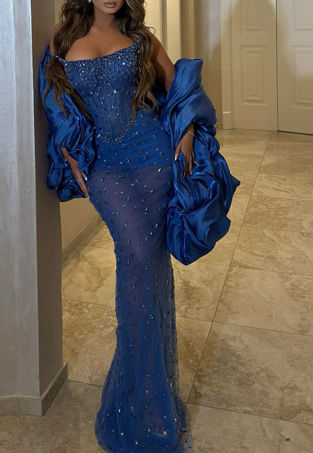 Off-Shoulder Sheer Beaded Sparkly Mermaid Prom Dress