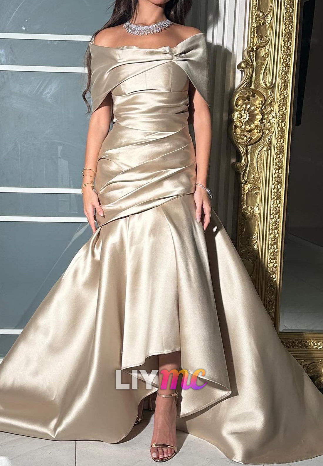 Off-Shoulder Short Sleeves Pleated Satin Mermaid Mother of Bride Dress