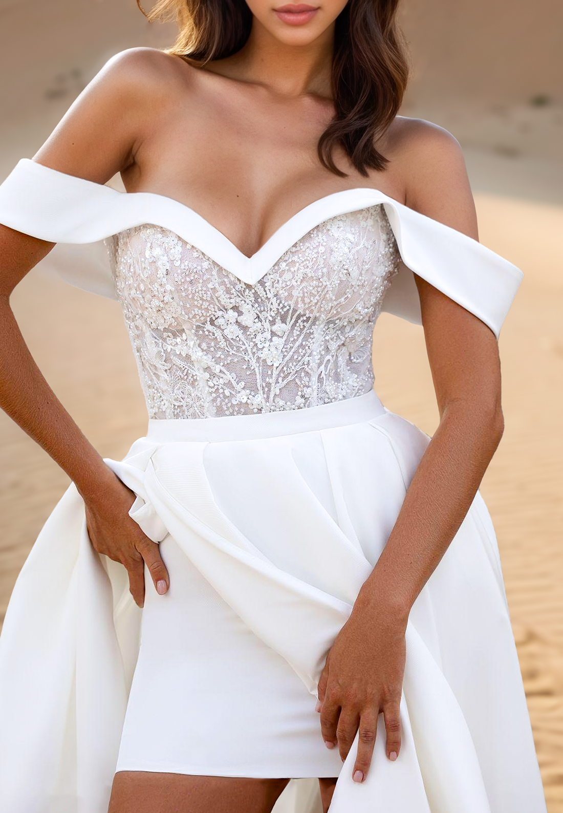 Off-Shoulder Side Slit Appliques A-Line Beach Wedding Dress