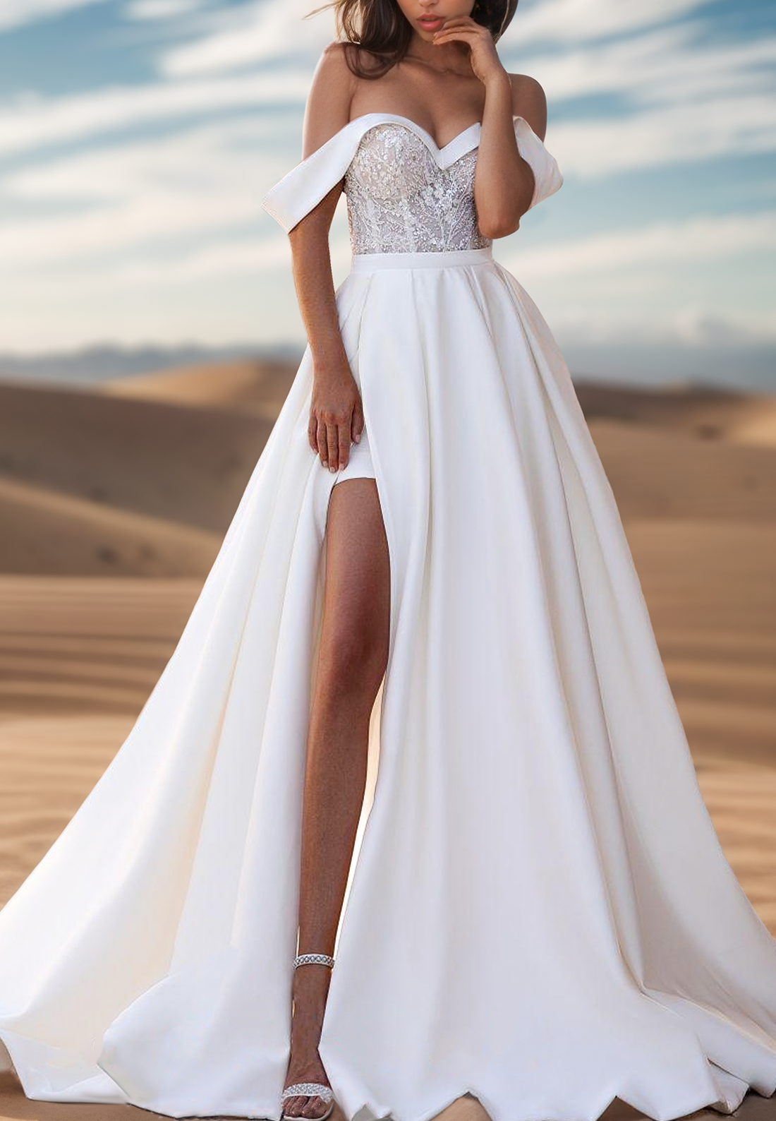 Off-Shoulder Side Slit Appliques A-Line Beach Wedding Dress