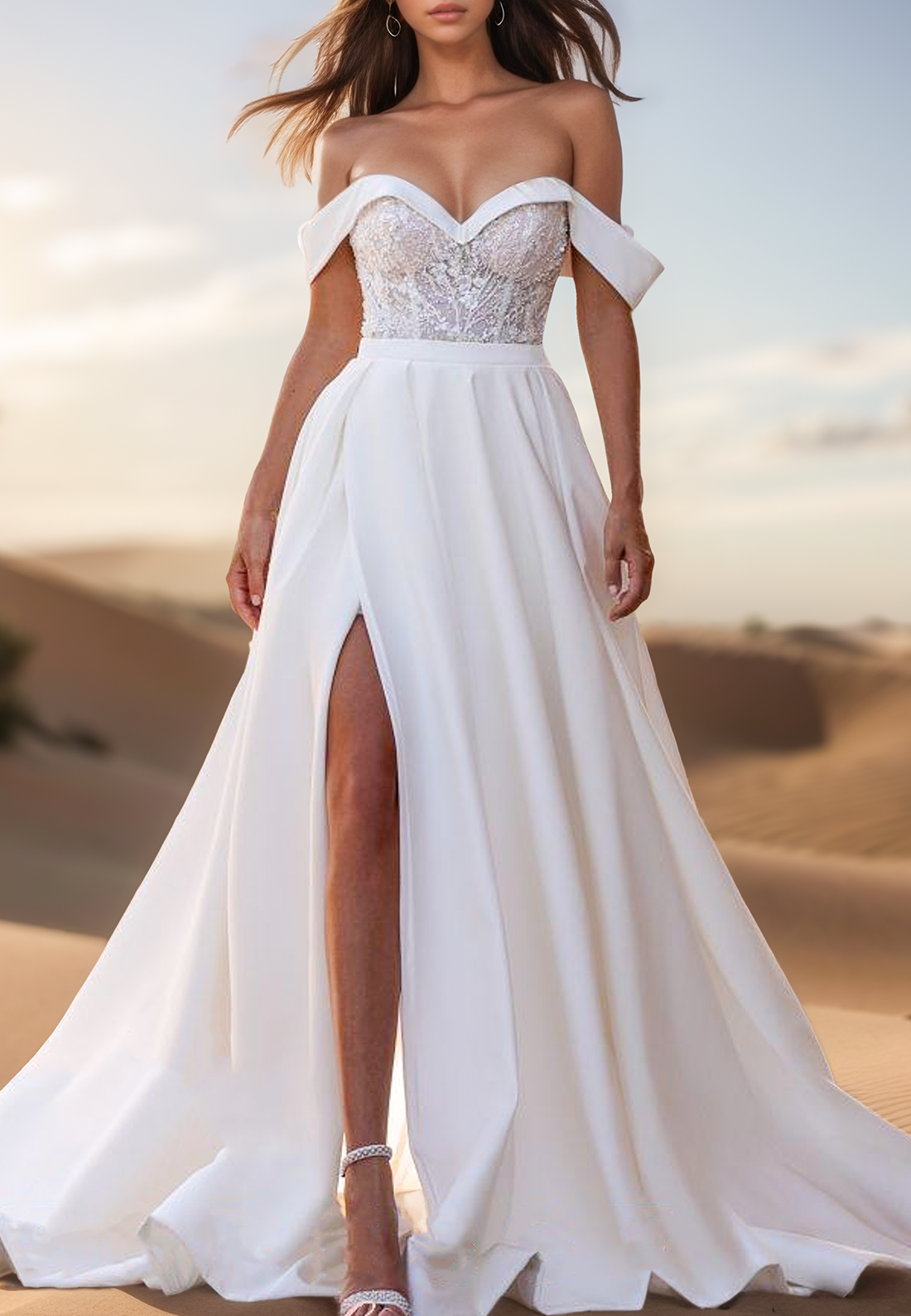 Off-Shoulder Side Slit Appliques A-Line Beach Wedding Dress