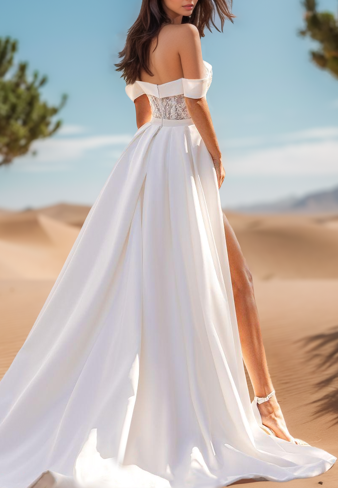 Off-Shoulder Side Slit Appliques A-Line Beach Wedding Dress