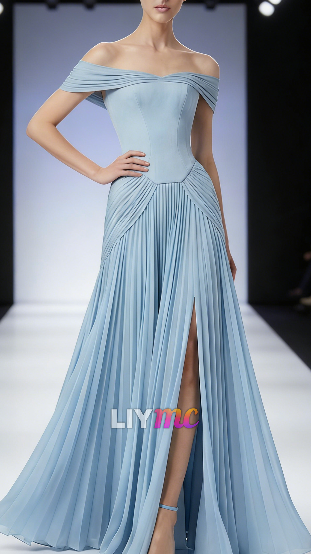 Off-Shoulder Side Slit Pleated A-Line Flowy Evening Dress