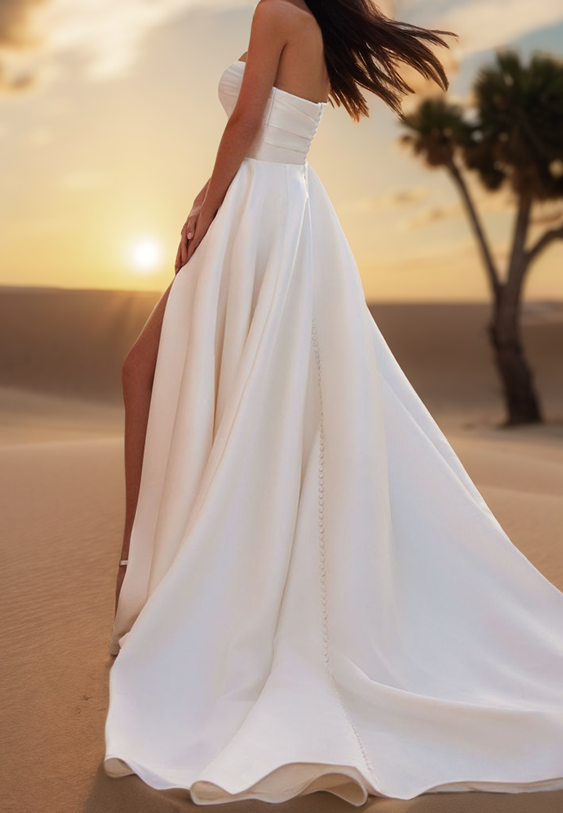 Off-Shoulder Side Slit Sleek Satin A-Line Wedding Dress