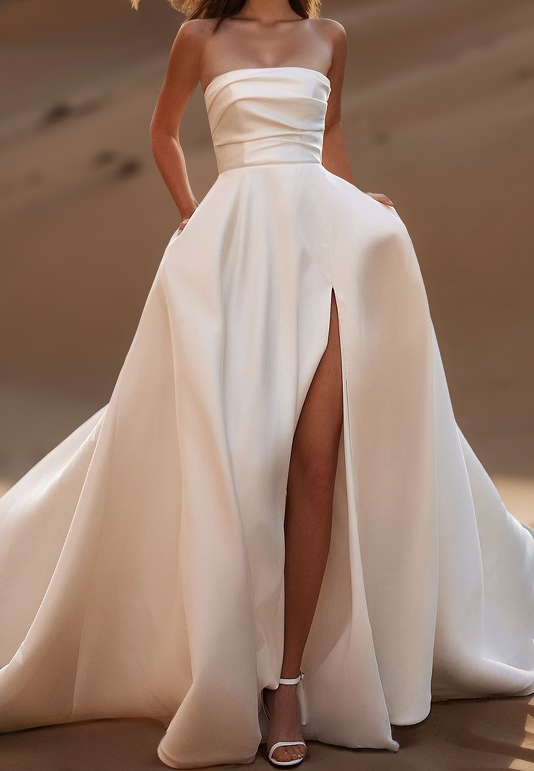 Off-Shoulder Side Slit Sleek Satin A-Line Wedding Dress