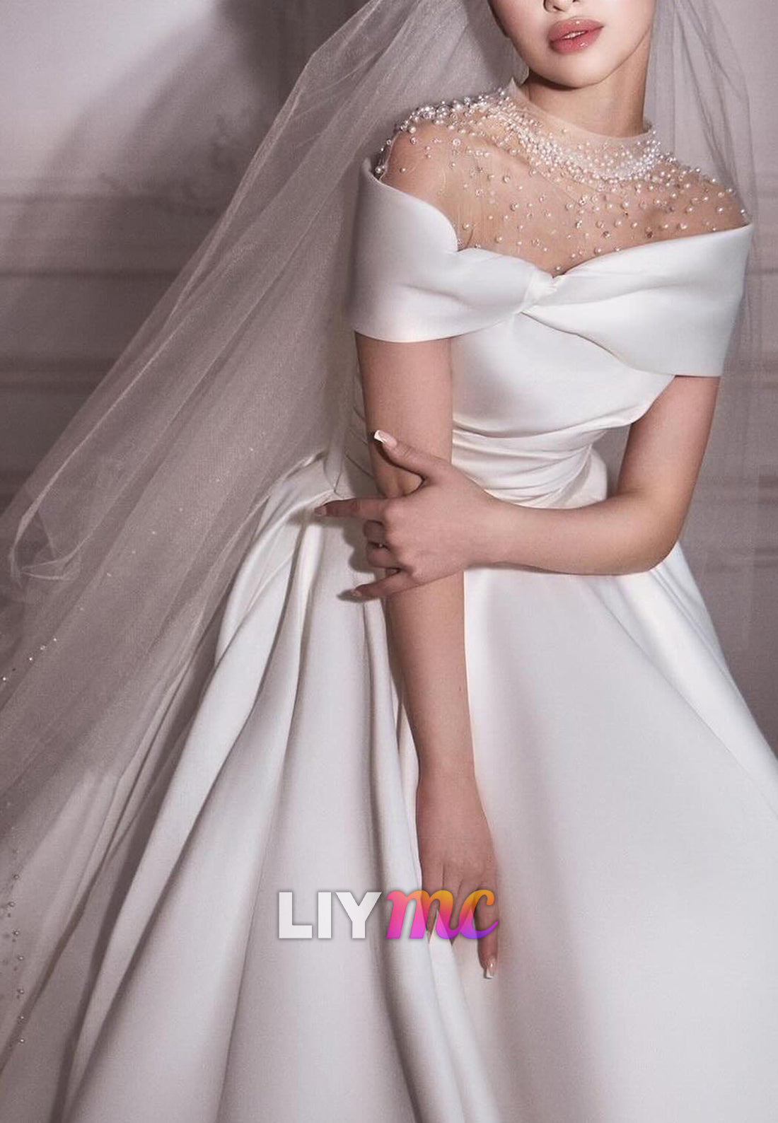 Off-Shoulder Sleek Satin Beading A-Line Wedding Dress