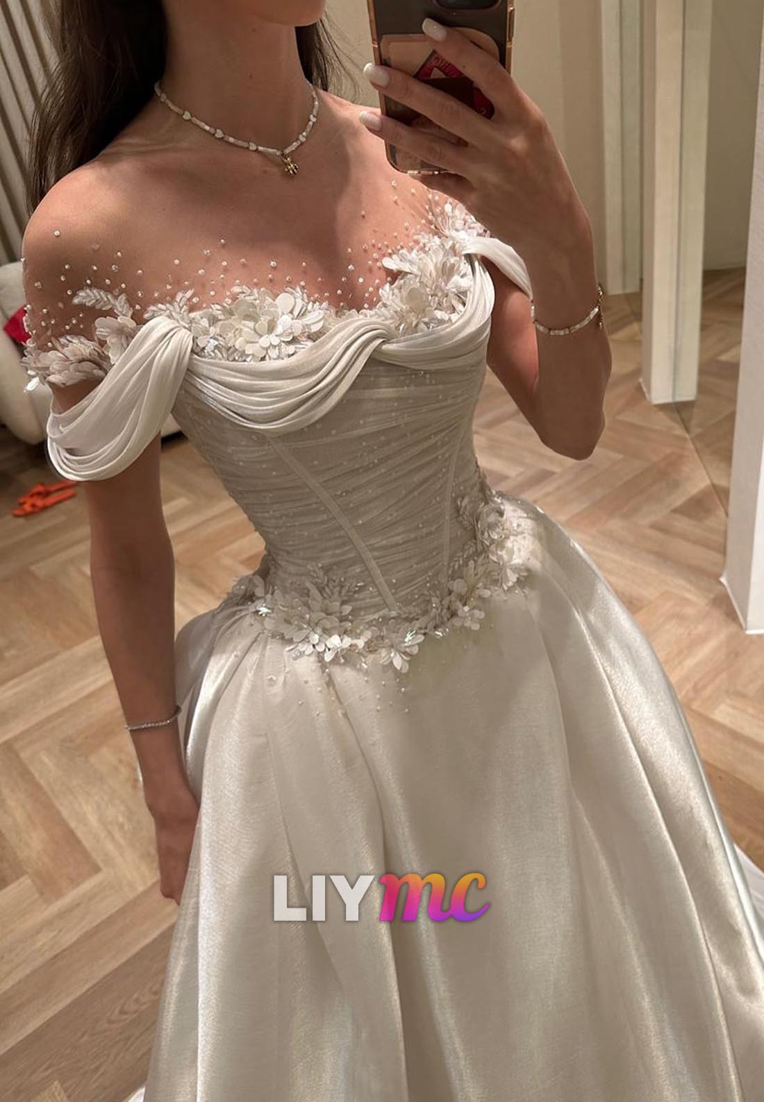 Off-Shoulder Sleeveless Appliques Beaded A-Line Wedding Dress
