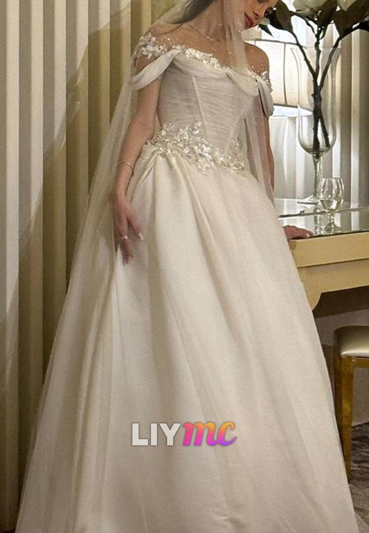 Off-Shoulder Sleeveless Appliques Beaded A-Line Wedding Dress