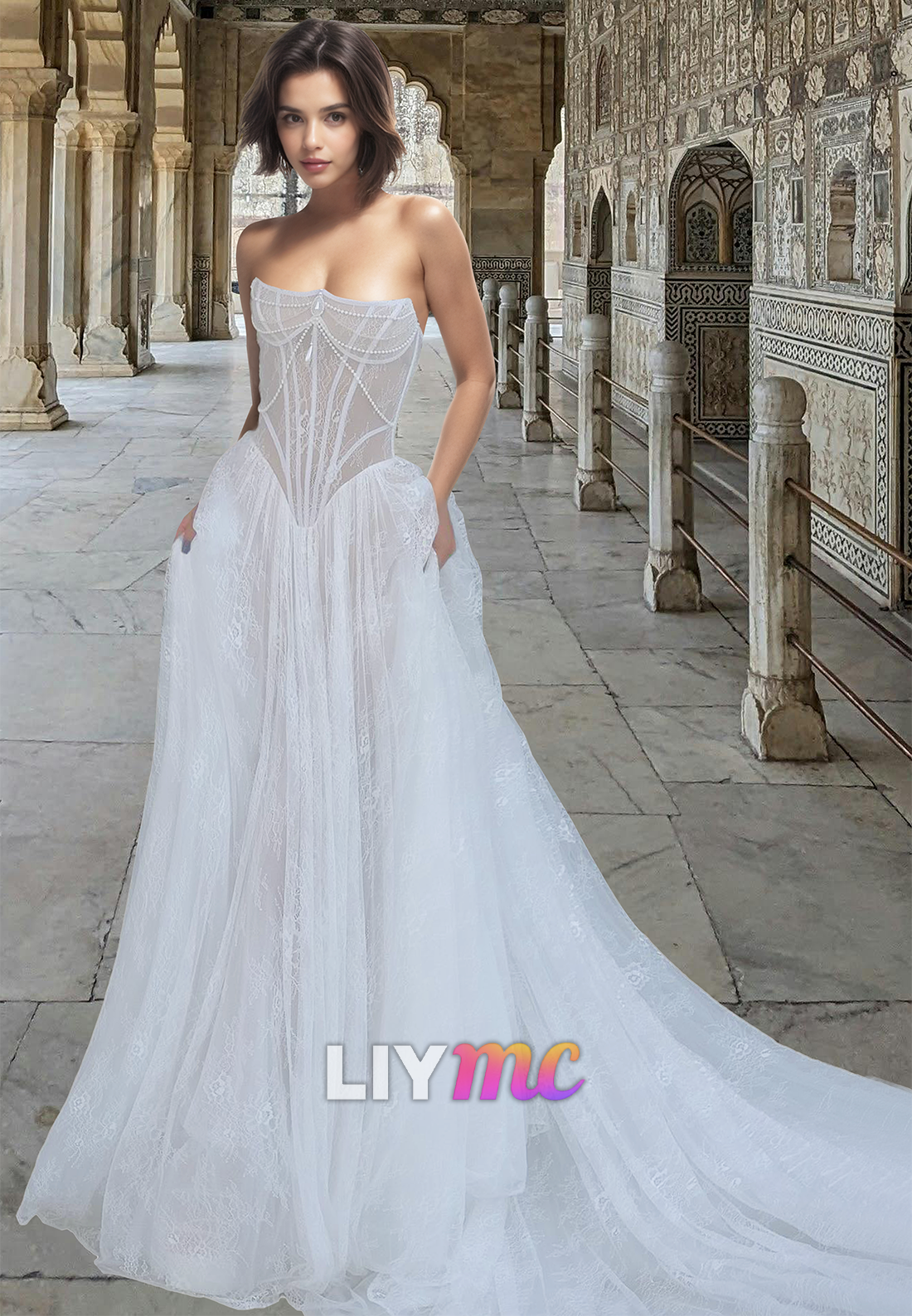 Off-Shoulder Sleeveless Appliques Pleated A-Line Wedding Dress