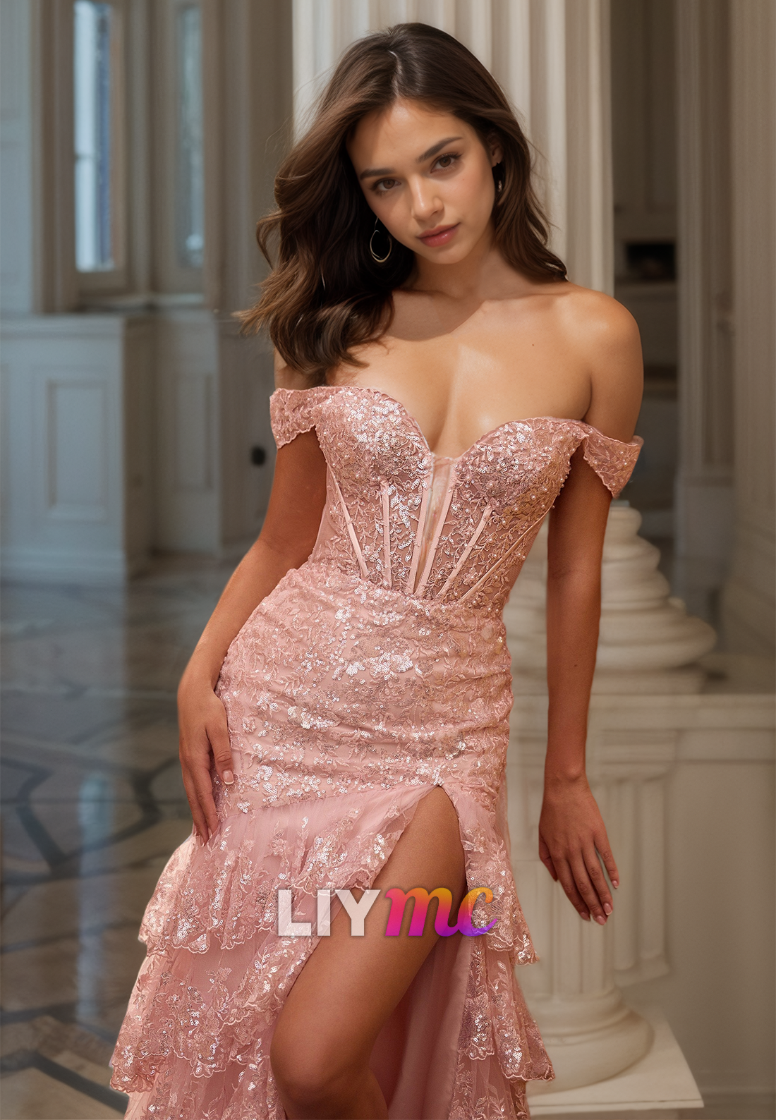 Off-Shoulder Sleeveless Appliques Tiered Mermaid Prom Dress