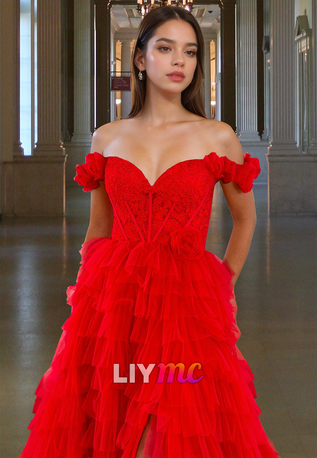 Off-Shoulder Sleeveless Appliques Tiered Tulle BallGown Prom Dress