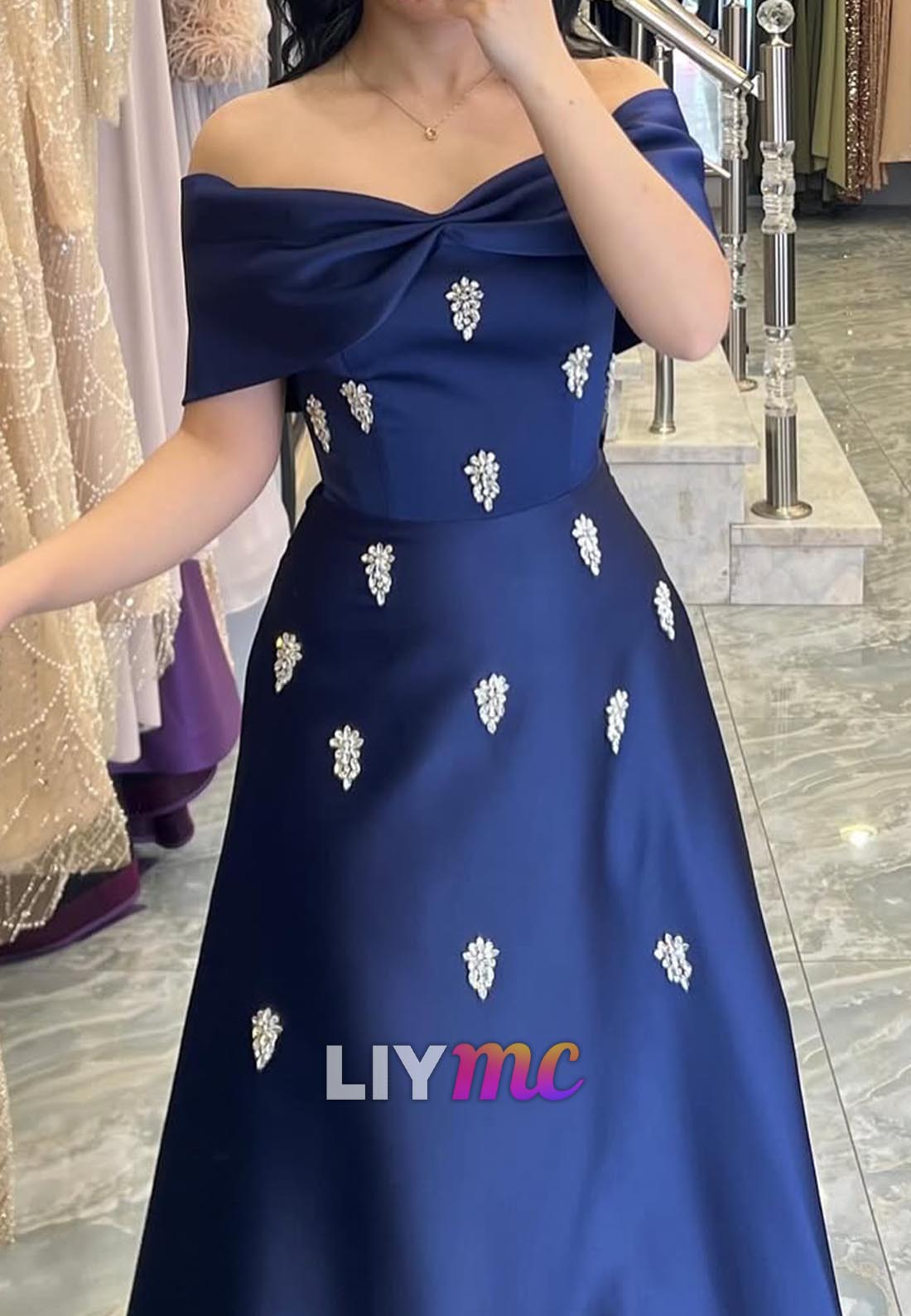 Off-Shoulder Sleeveless Beaded A-Line Evening Dress