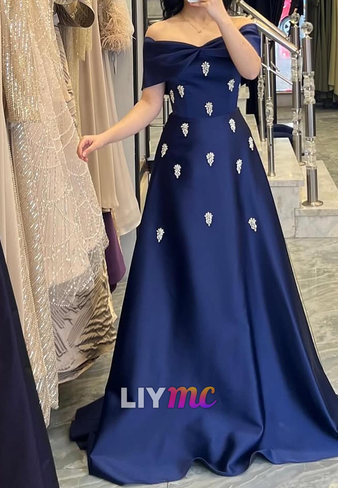 Off-Shoulder Sleeveless Beaded A-Line Evening Dress