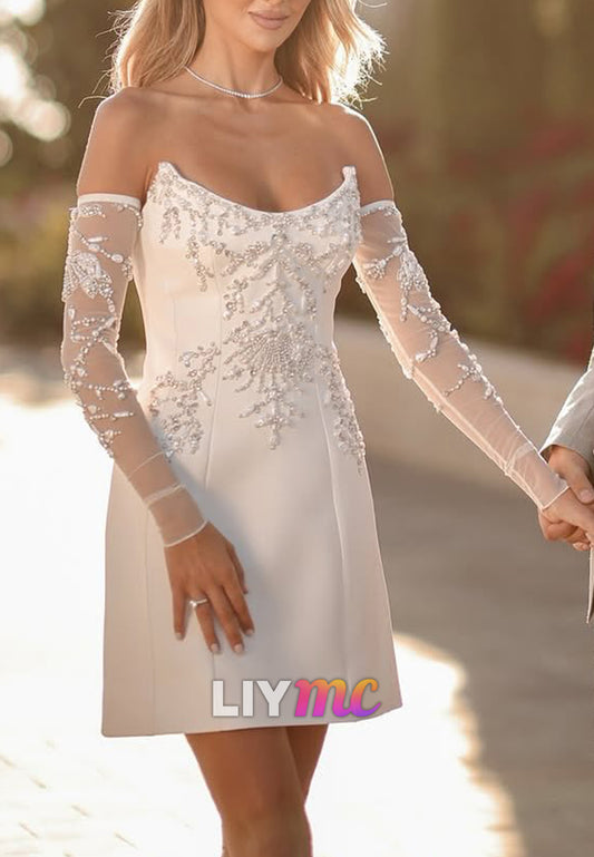 Off-Shoulder Sleeveless Beaded A-Line Satin Short Wedding Dress