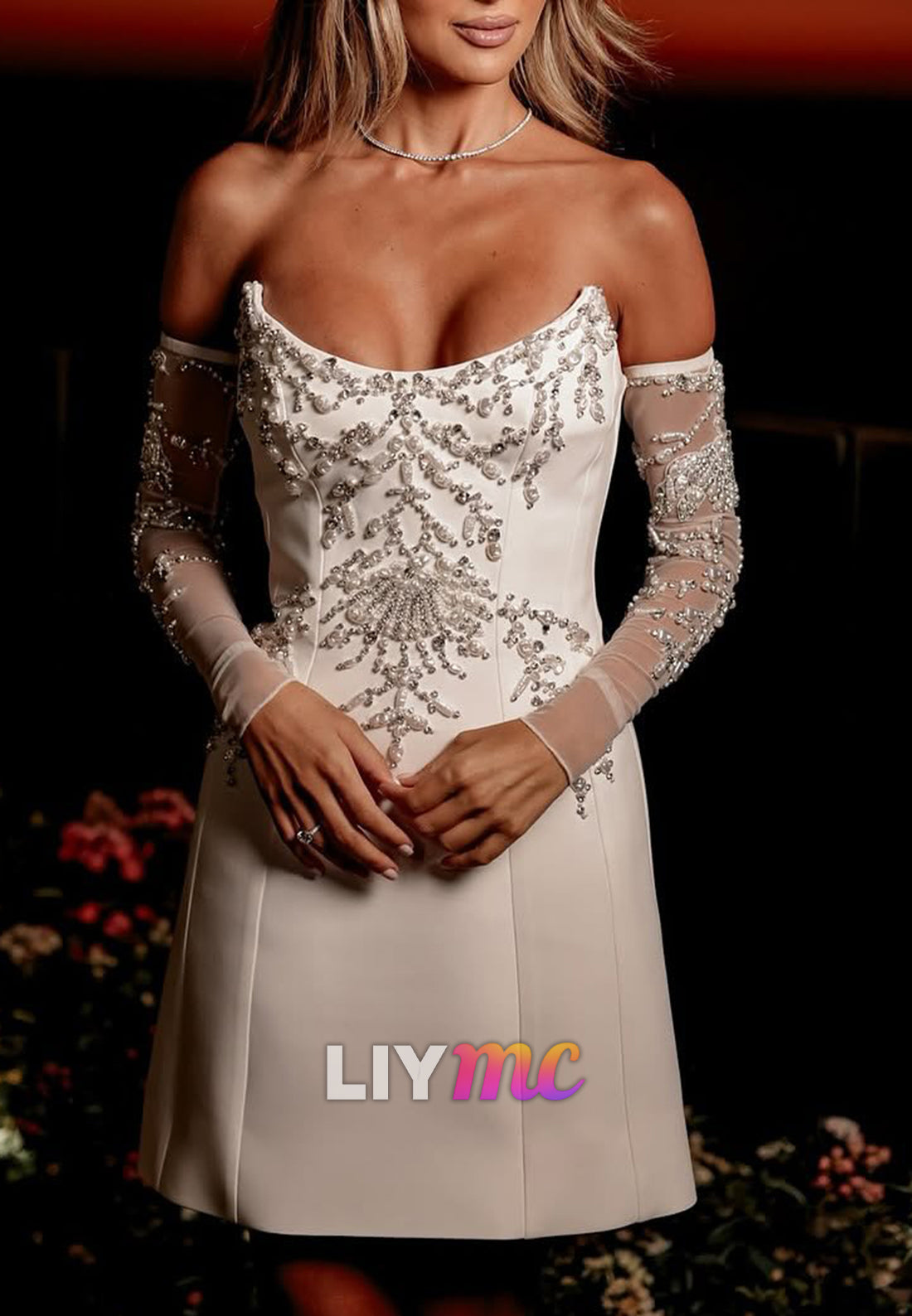 Off-Shoulder Sleeveless Beaded A-Line Satin Short Wedding Dress