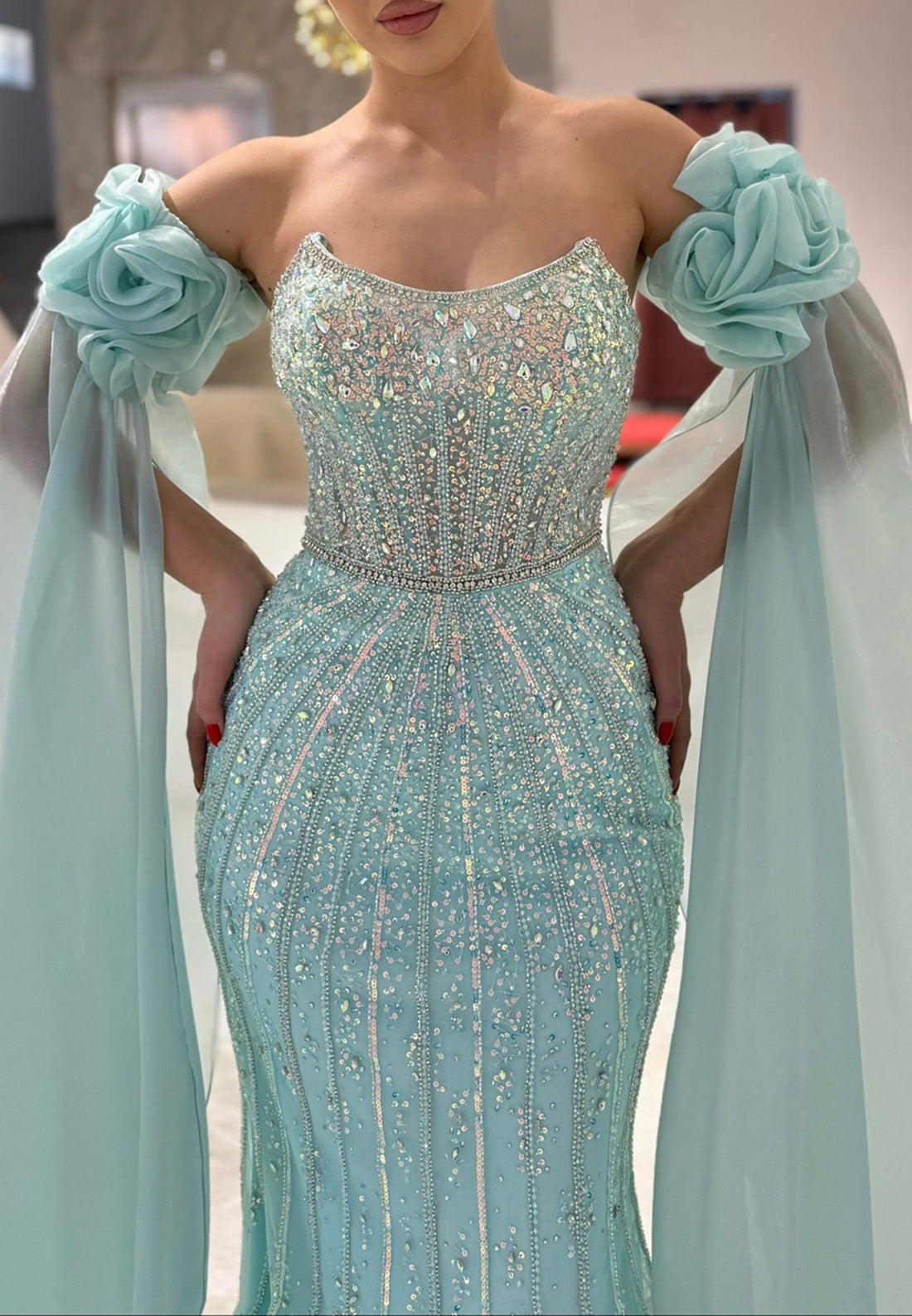 Off-Shoulder Sleeveless Beaded  Embroidery Mermaid Sparkly Prom Dress