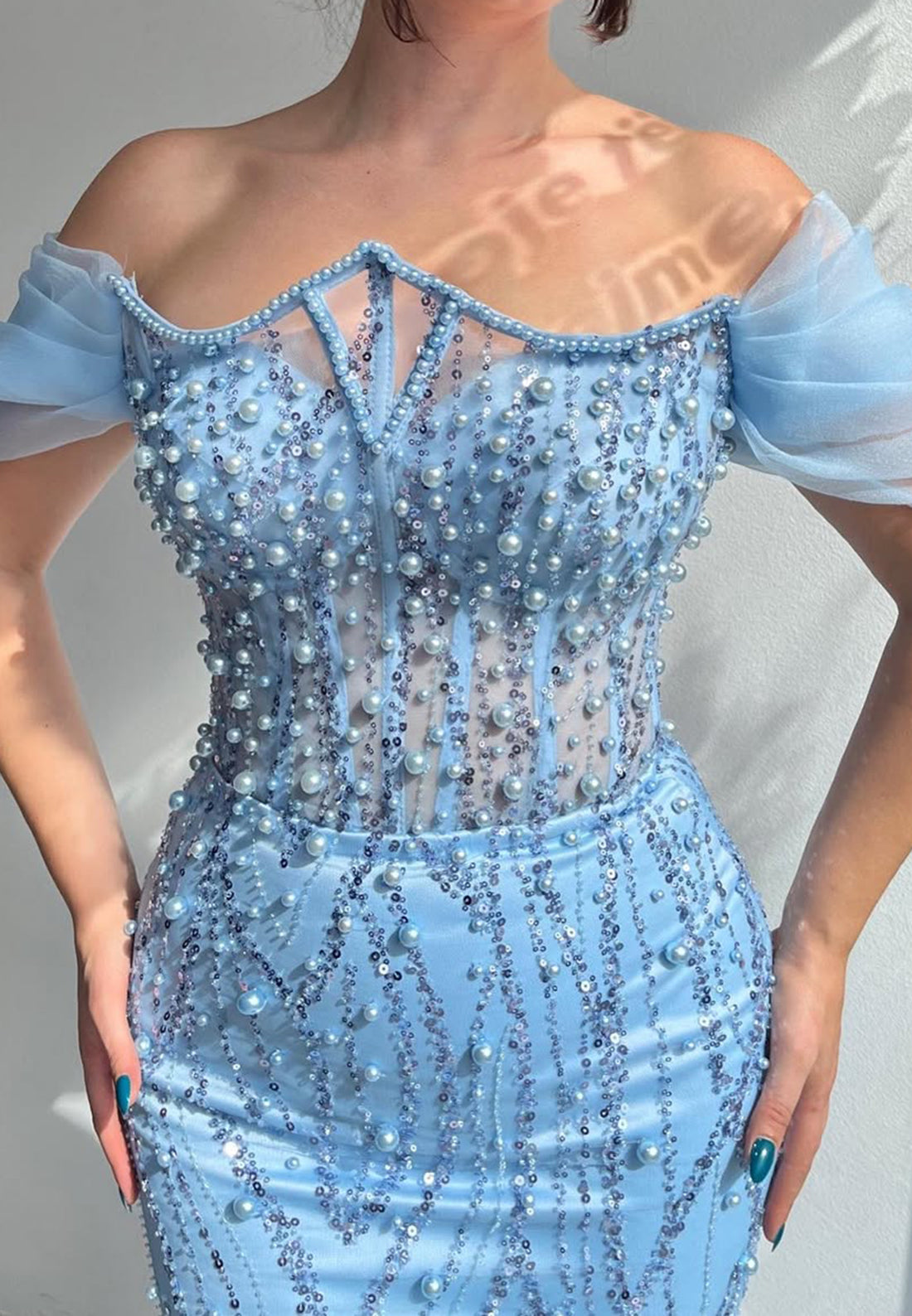 Off-Shoulder Sleeveless Beaded Embroidery Sparkly Mermaid Prom Dress