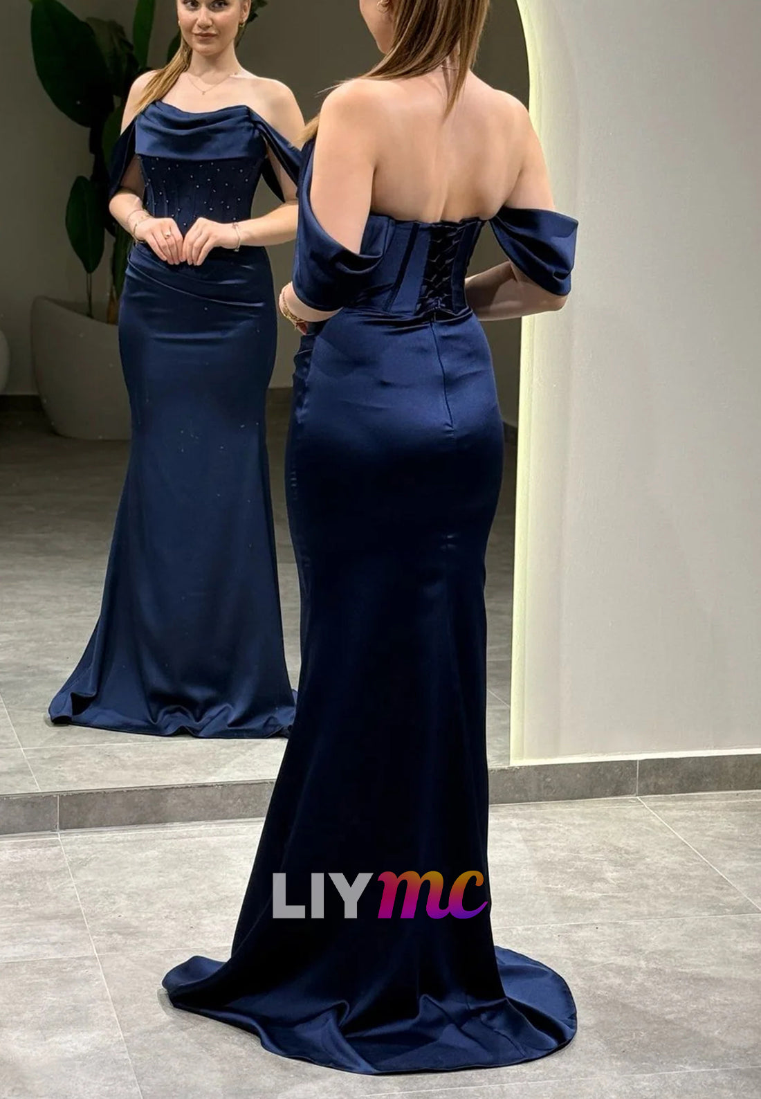 Off-Shoulder Sleeveless Beaded Mermaid Evening Dress