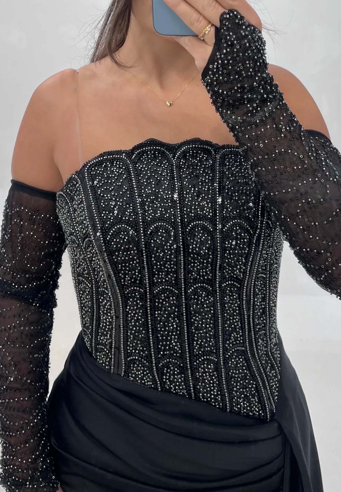 Off-Shoulder Sleeveless Beaded Pleated Evening Dress Mermaid Formal Dress