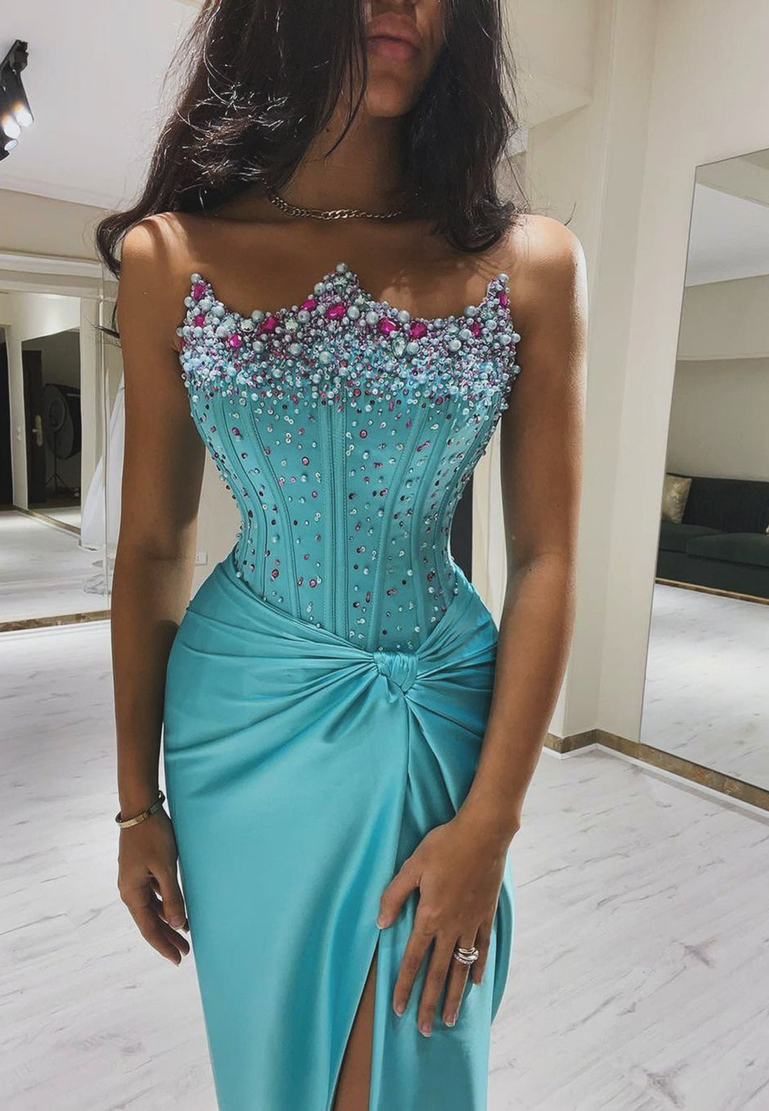 Off-Shoulder Sleeveless Beaded Ruched Evening Dress Side Slit Prom Dress