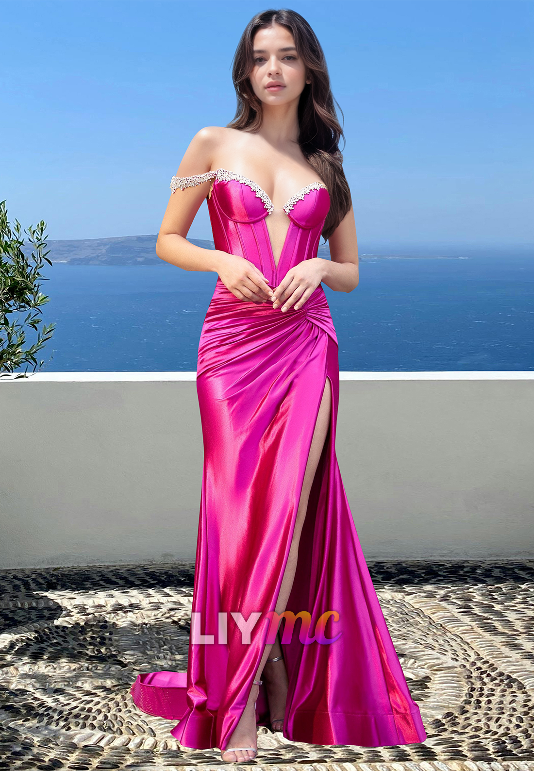 Off-Shoulder Sleeveless Beaded Ruched Sheath Prom Dress