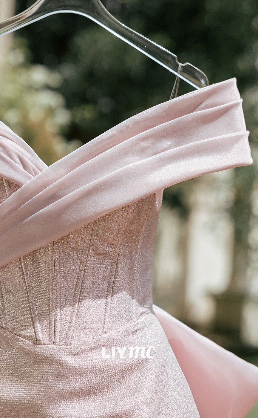 LY225 - Off- Shoulder Sleeveless Blushing Pink Bowknot Homecoming Dress