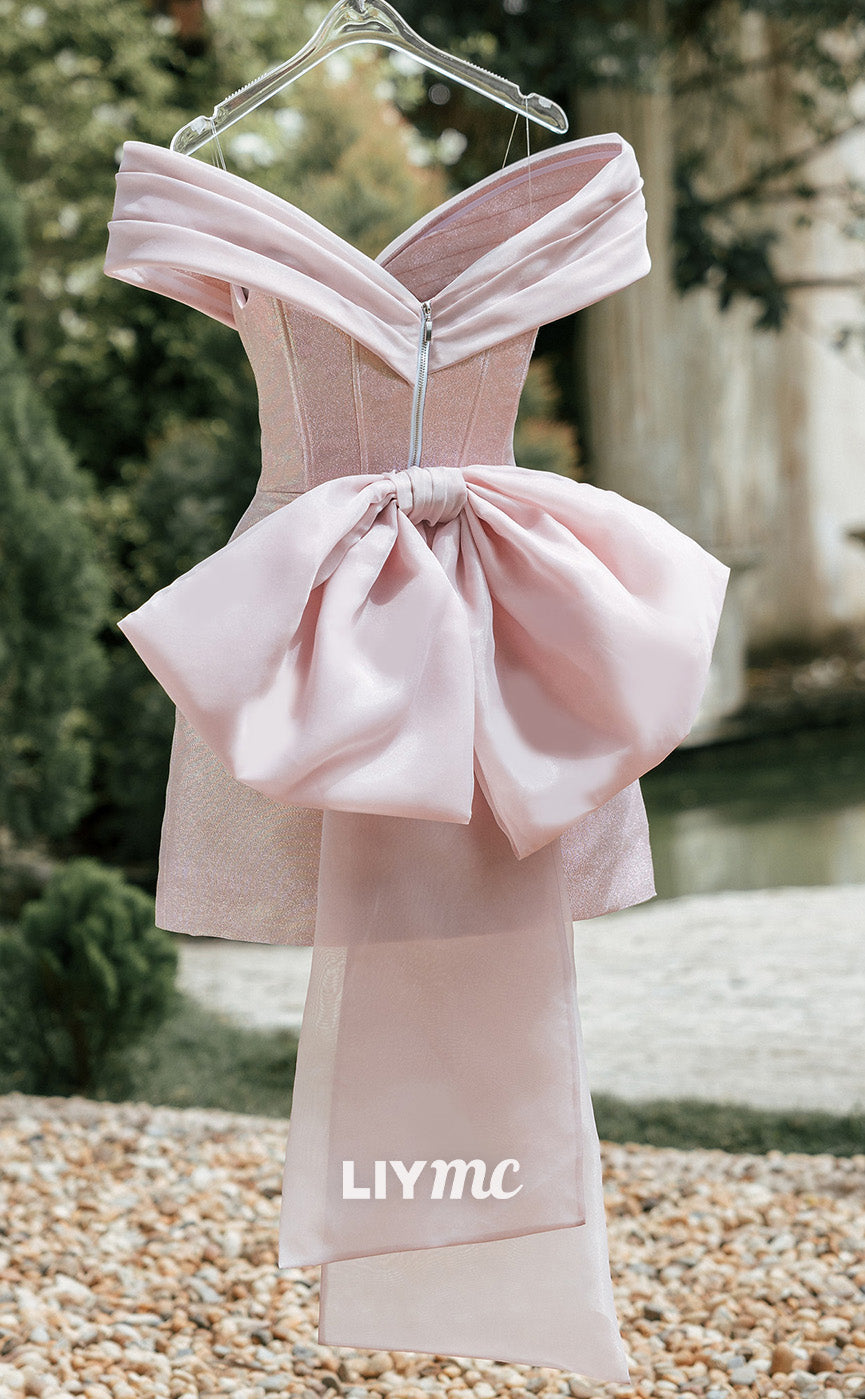 LY225 - Off- Shoulder Sleeveless Blushing Pink Bowknot Homecoming Dress