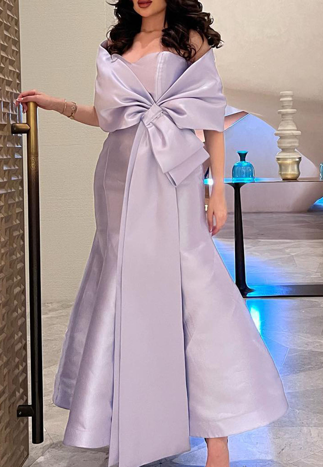 Off-Shoulder Sleeveless Bowknot Satin Evening Dress Mermaid Mother of Birde Dress