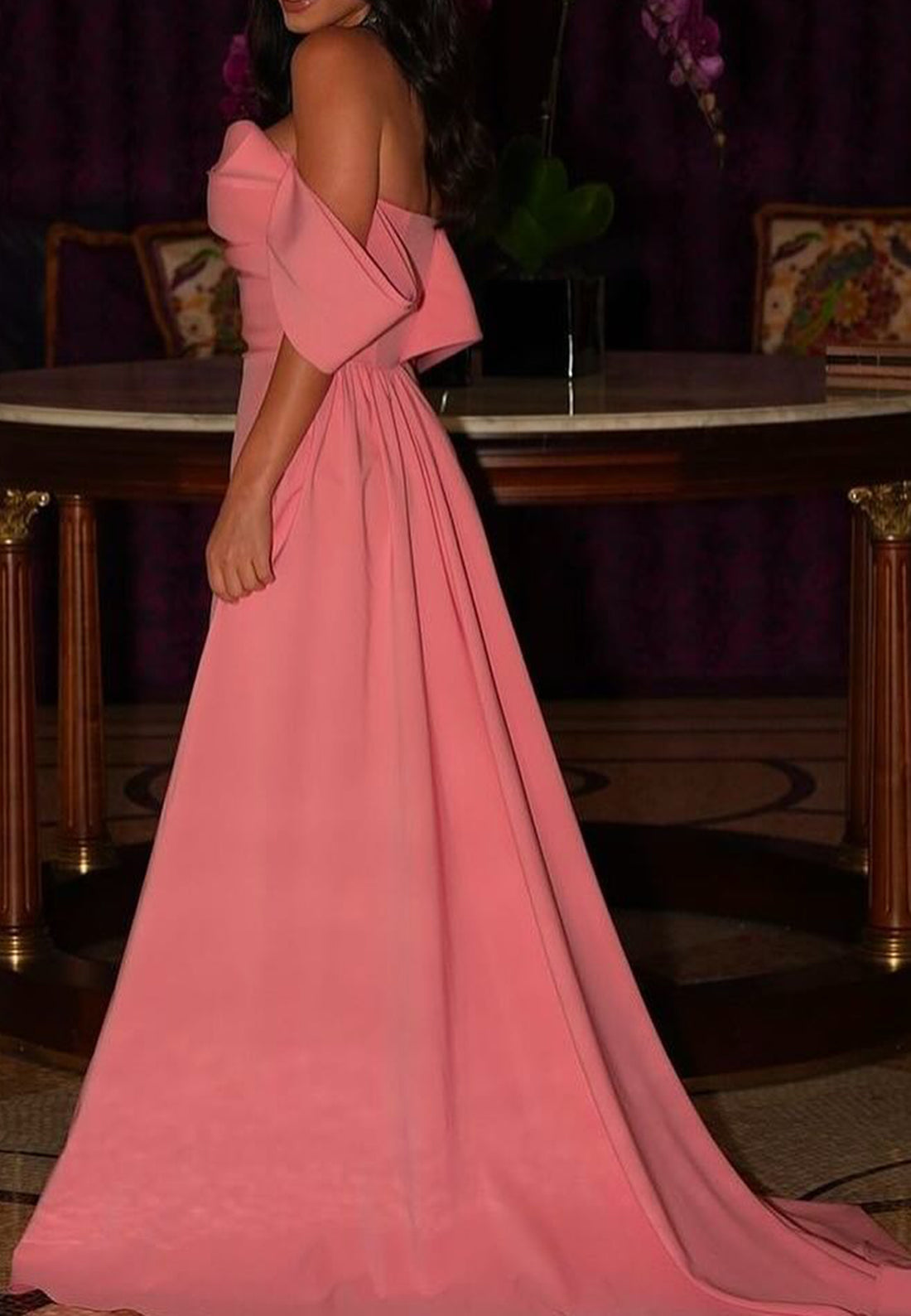 Off-Shoulder Sleeveless Evening Dress Pleated Slit Sheath Prom Dress