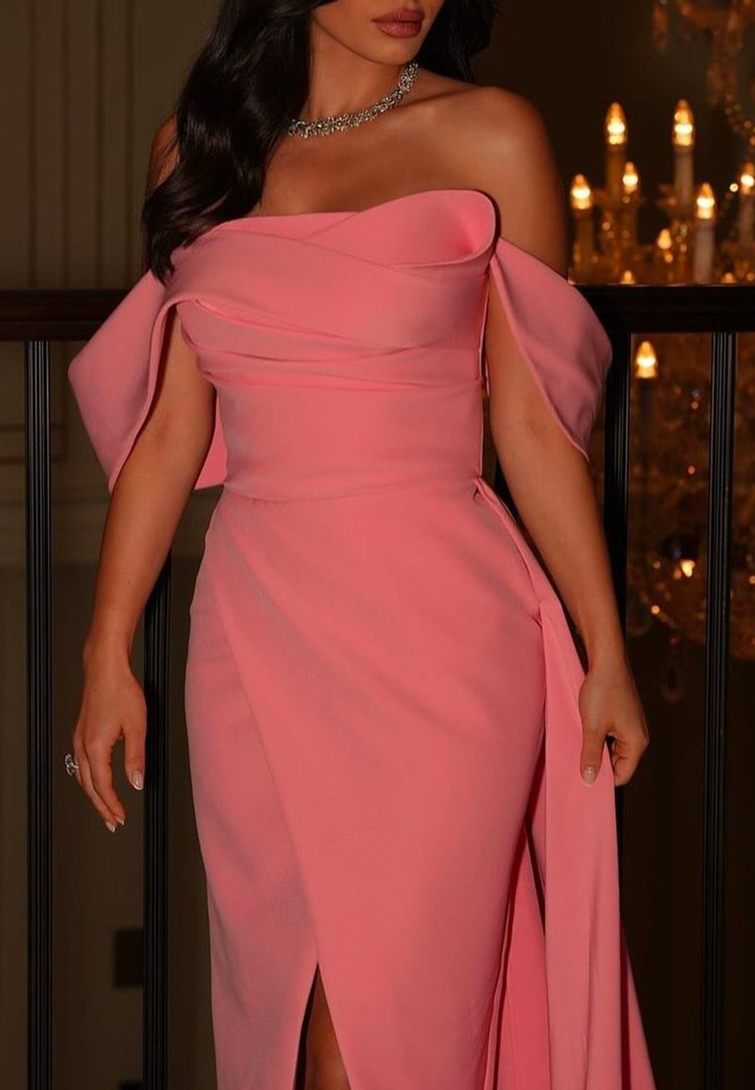 Off-Shoulder Sleeveless Evening Dress Pleated Slit Sheath Prom Dress