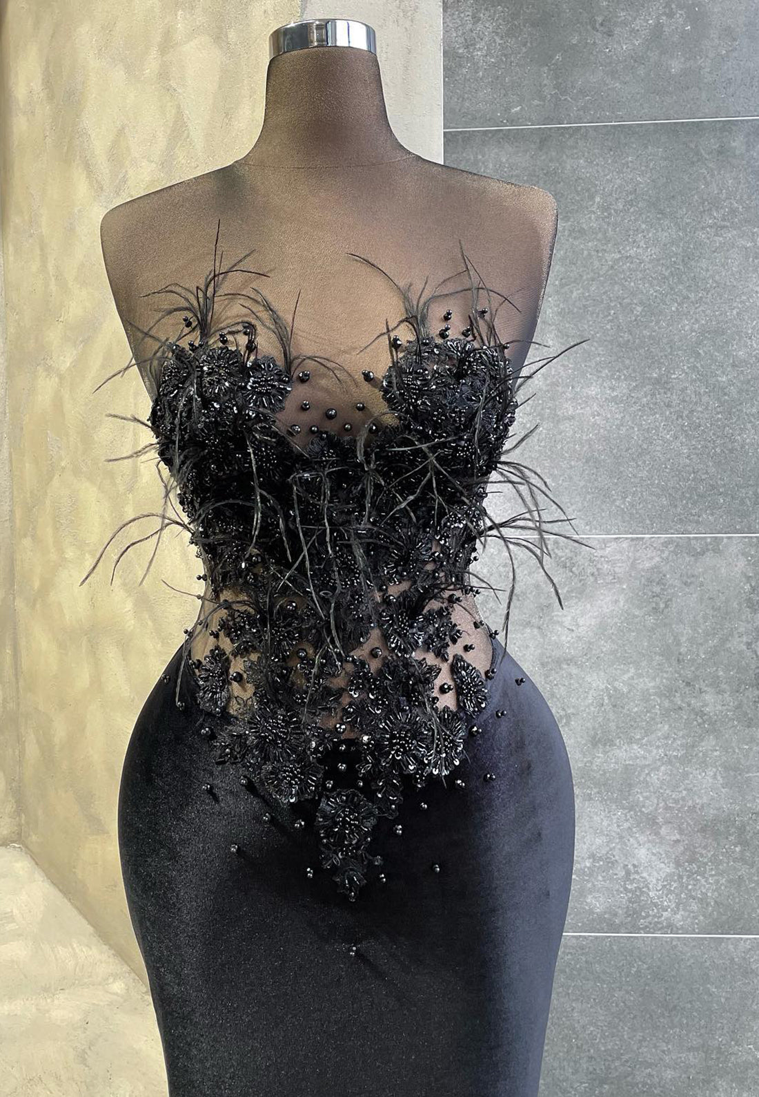 Off-Shoulder Sleeveless Feathered Beaded Mermaid Evening Dress