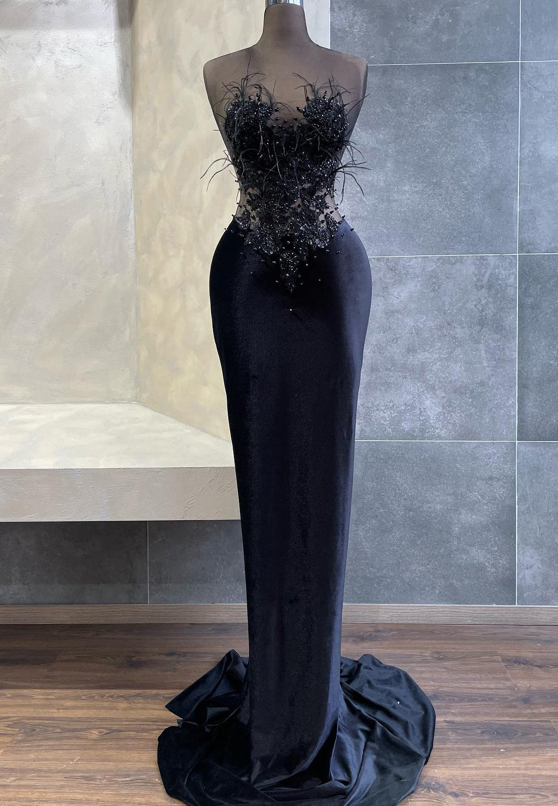 Off-Shoulder Sleeveless Feathered Beaded Mermaid Evening Dress