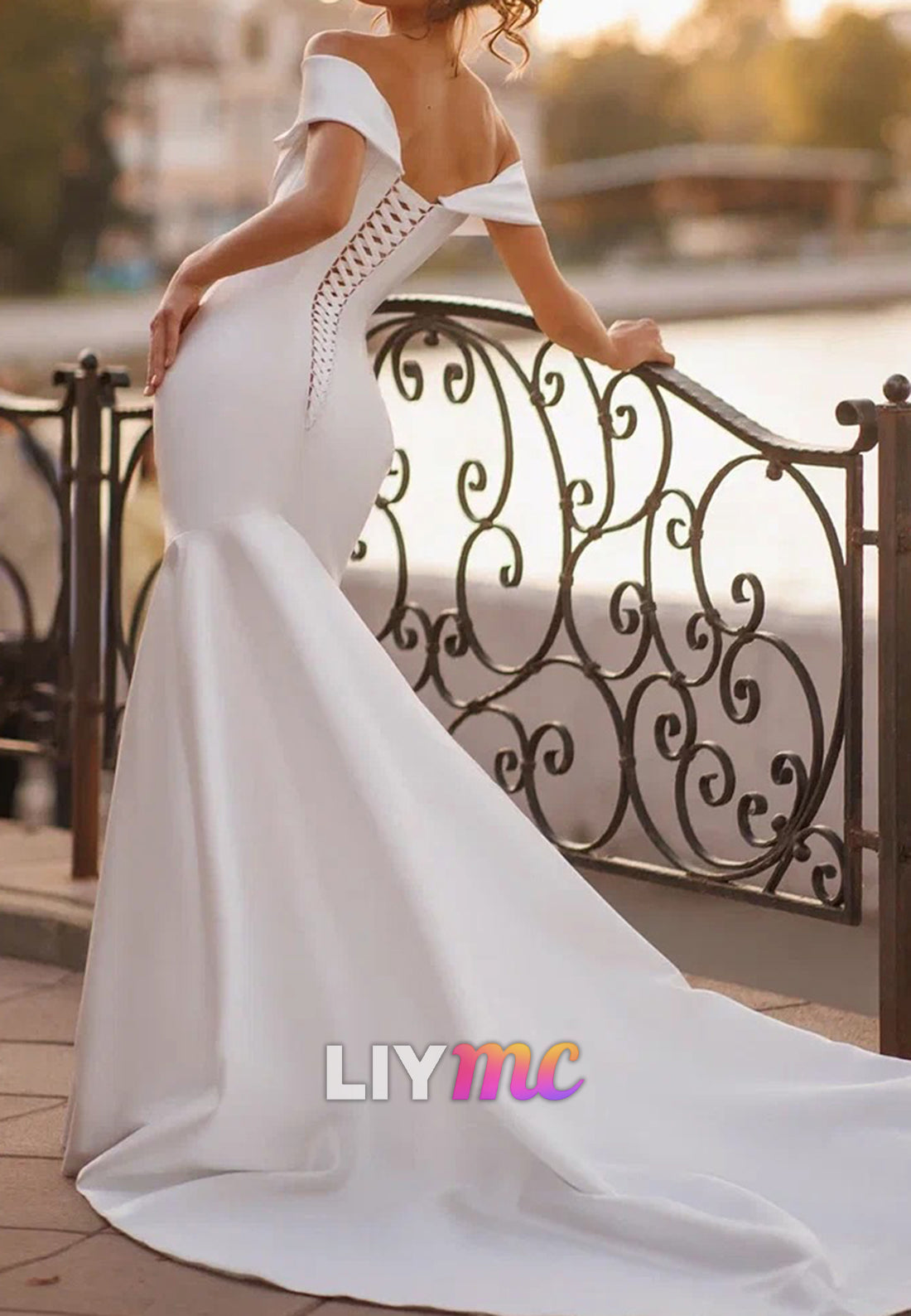 Off-Shoulder Sleeveless Fitted Satin Mermaid Wedding Dress