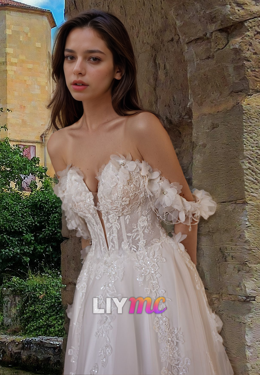 Off-Shoulder Sleeveless Floral Appliques A-Line Wedding Dress