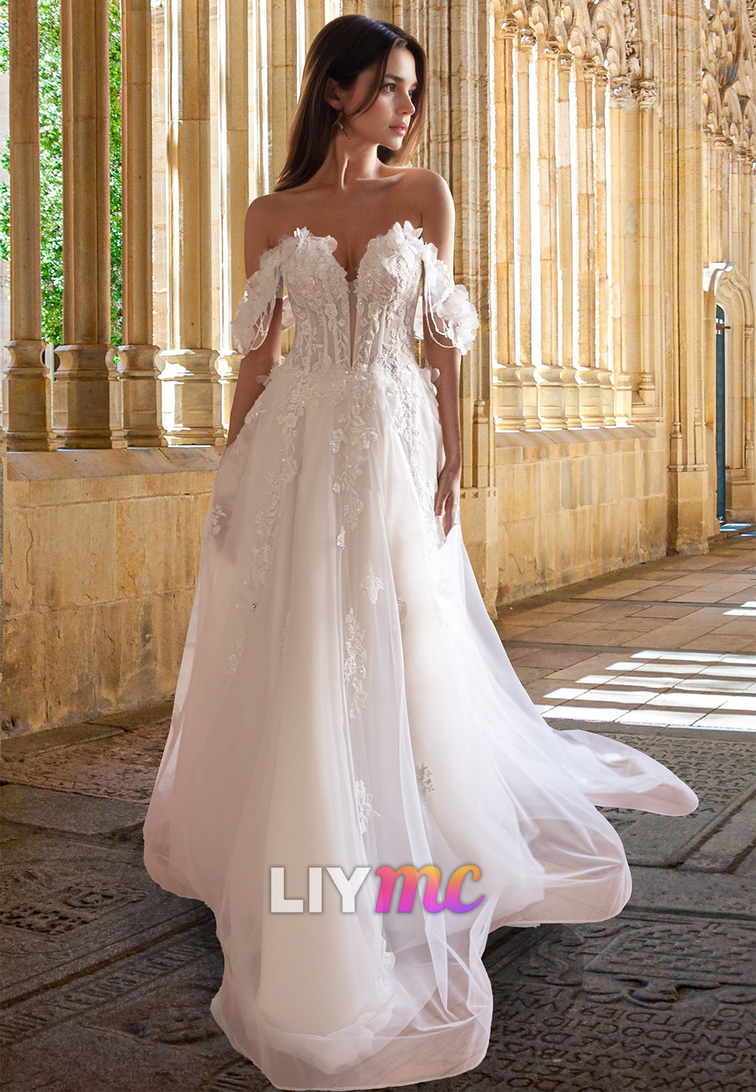 Off-Shoulder Sleeveless Floral Appliques A-Line Wedding Dress