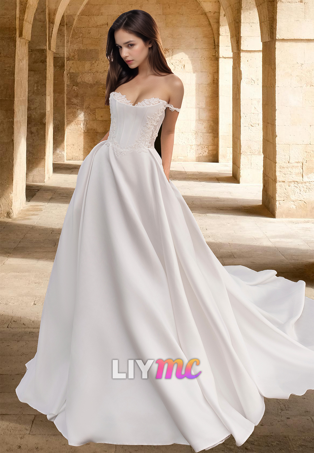 Off-Shoulder Sleeveless Floral Appliques Pleated A-Line Weddimng Dress