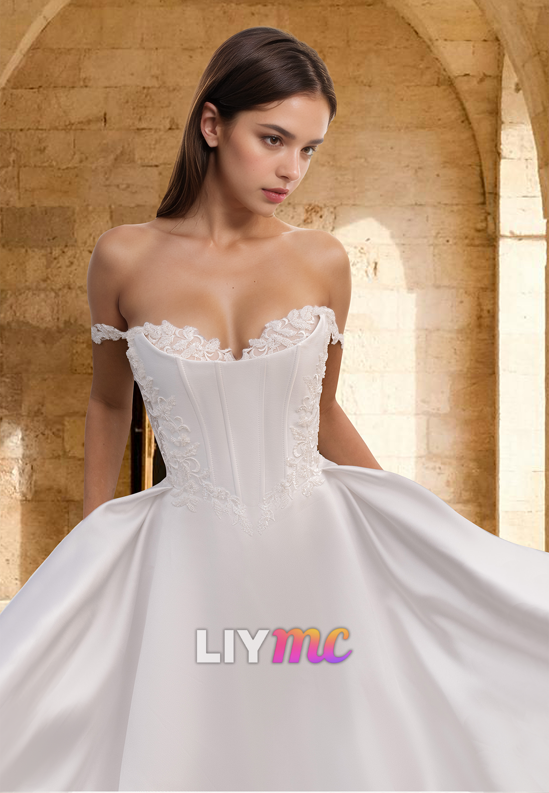 Off-Shoulder Sleeveless Floral Appliques Pleated A-Line Weddimng Dress