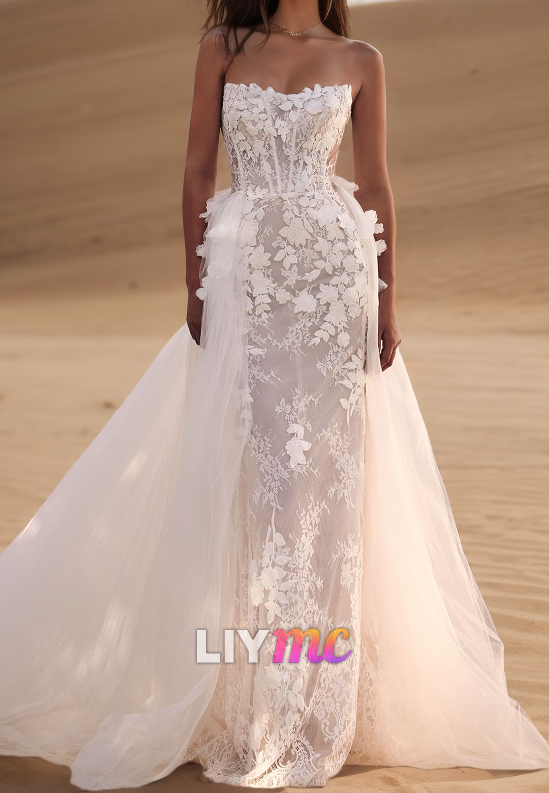Off-Shoulder Sleeveless Floral Appliques Sheath Beach Wedding Dress
