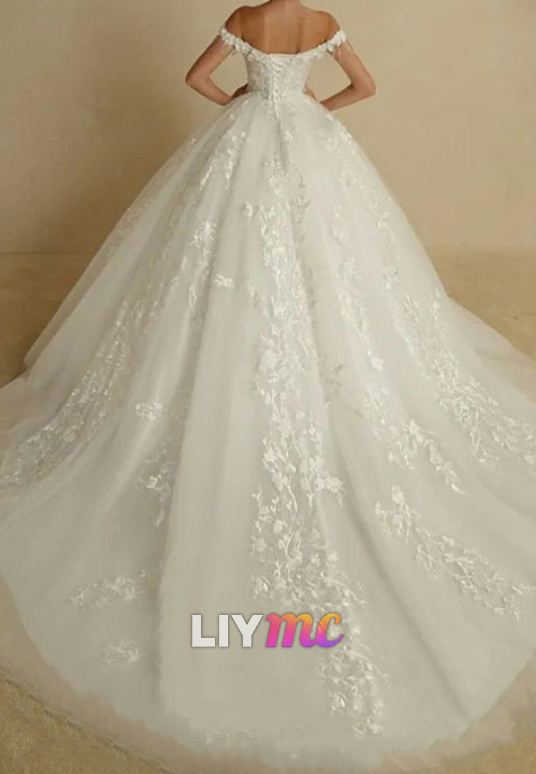 Off-Shoulder Sleeveless Floral Appliques Tulle Bridal Gown